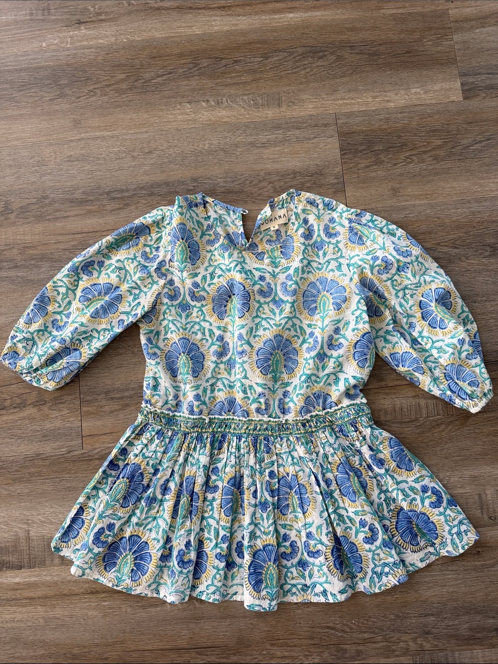 Smocked Waist Floral Blouse in Blue and Green